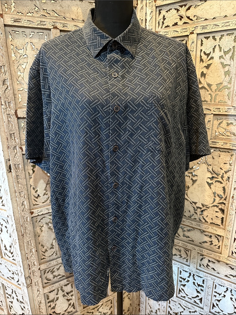 Nat Nast Navy Geometric Silk blend Short Sleeve Button-Down